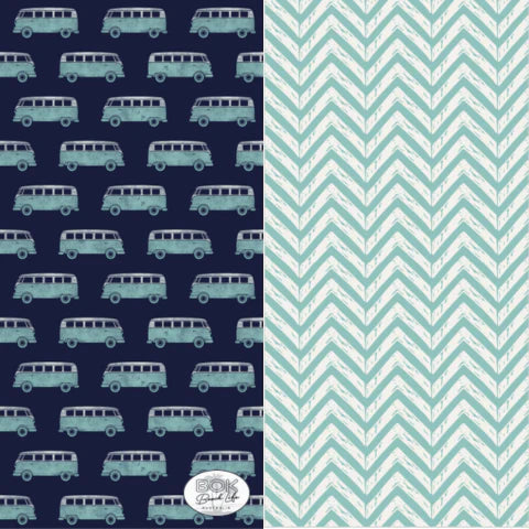Two fabric patterns: one with blue combie vans on a purple background and another with white chevrons on a teal background.