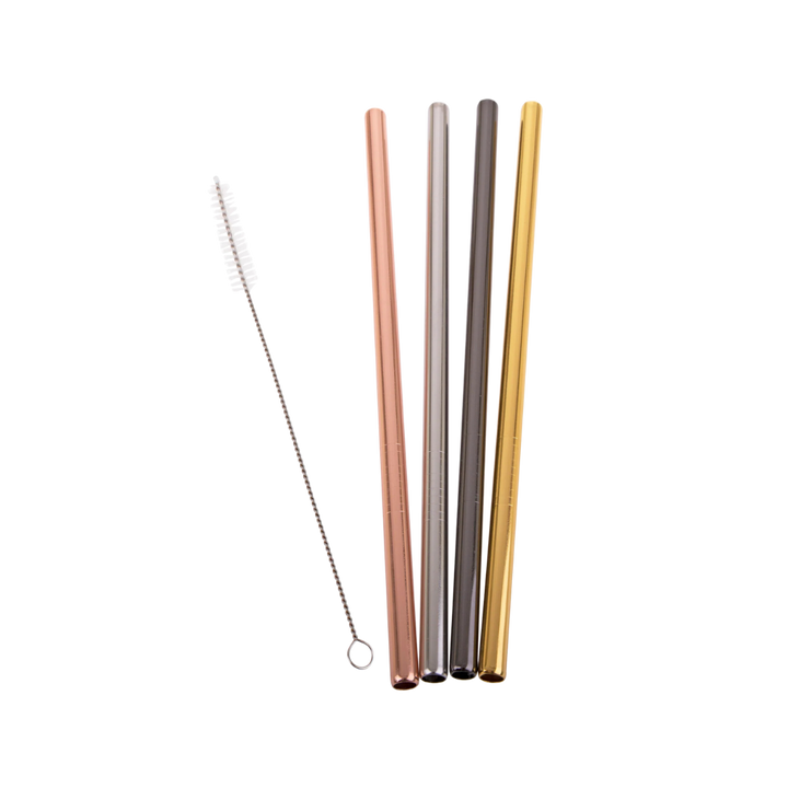 Stainless Steel Straight Smoothie Straws - Set of 4 with Cleaning Brush