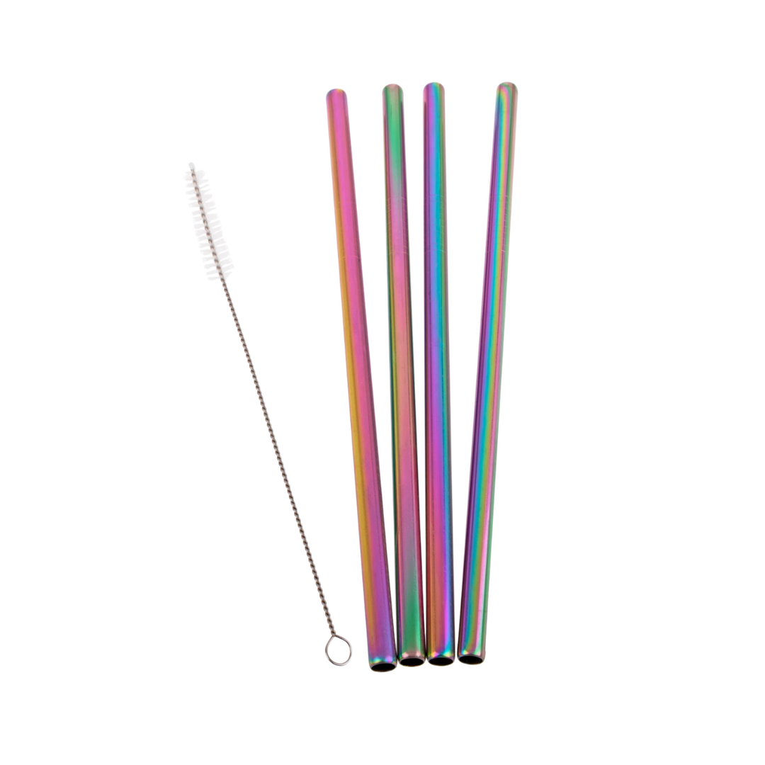 Stainless Steel Straight Smoothie Straws - Set of 4 with Cleaning Brush