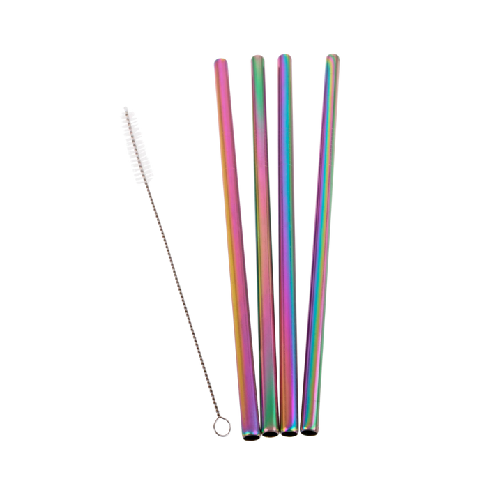 Stainless Steel Straight Smoothie Straws - Set of 4 with Cleaning Brush